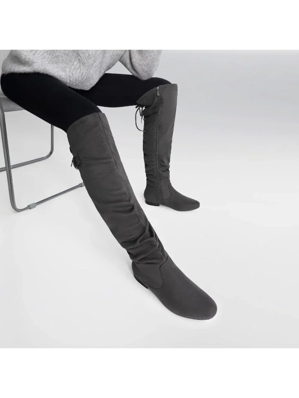 👢Women's Grey Knee High Boots Fringes Buckle Straps Chunky Heel Square Toe